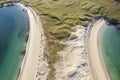 Aerial top down view on amazing Dog`s bay beach near Roundstone town in county Galway, Sandy dunes and beach and blue turquoise Royalty Free Stock Photo