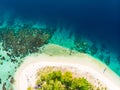 Aerial top down view Banyak Islands Sumatra tropical archipelago Indonesia, coral reef white sand beach beach turquoise water.