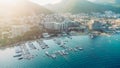 Aerial top down view of boat dock and yacht port in Budva, Montenegro. Royalty Free Stock Photo