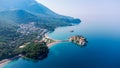 Aerial top down view of boat dock and yacht port in Montenegro. Royalty Free Stock Photo