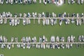 Aerial top down view of boats and yachts in a marina Royalty Free Stock Photo