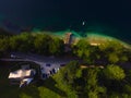 Aerial top down view of the Bohinj lake. Beautiful landscape ot the Triglav mountains, national park, summer forest and the church Royalty Free Stock Photo