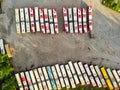 Aerial top down view of bus garage in Vilnius, Lithuania Royalty Free Stock Photo