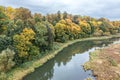Aerial of colorful autumn forest and small river Royalty Free Stock Photo