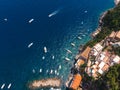 Aerial top down view of Conca dei Marini beach,Tovere. Beautiful bay and famous resort near Amalfi, Travel and vacation, Italy, Royalty Free Stock Photo