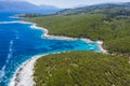 Aerial top down view of Dafnoudi beach in Kefalonia, Greece. Remote bay with pure crystal clean turquoise sea water Royalty Free Stock Photo