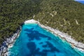 Aerial top down view of Dafnoudi beach in Kefalonia, Greece. Remote bay with pure crystal clean turquoise sea water Royalty Free Stock Photo