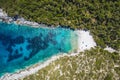 Aerial top down view of Dafnoudi beach in Kefalonia, Greece. Remote bay with pure crystal clean turquoise sea water Royalty Free Stock Photo