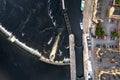 Aerial top down view on a dam and lock system. Water level management and small boat transportation. Athlone, Ireland Royalty Free Stock Photo