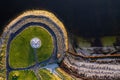 Aerial top down view on Famine Ship Memorial in Celia Griffin Memorial Park in Salthill area of Galway city, Ireland