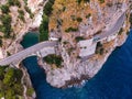 Aerial top down view of Fiordo di furore beach. Incredible beauty panorama of a paradise. The rocky seashore of southern Italy. Royalty Free Stock Photo