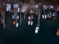 Aerial view of a fisher village. Fisher boats on the sea coast