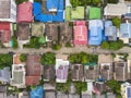 Aerial top-down view high altitude of slum a heavily populated urban informal settlement characterized by substandard housing and Royalty Free Stock Photo