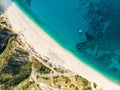 Aerial top down view of Myrtos beach, the most famous and beautiful beach of Kefalonia, a large coast with turqoise water and Royalty Free Stock Photo