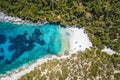 Aerial top down view of remote Dafnoudi beach in Kefalonia, Greece. Secluded bay with pure crystal clean turquoise sea Royalty Free Stock Photo