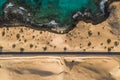 view of a road crossing the desert at Corralejo sand dunes natural park, Fuerteventura, Canary Islands, Spain Royalty Free Stock Photo