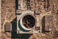 Aerial top down view of ruined Nuclear Power Plant in Crimea. Industrial construction with round tower of atomic reactor