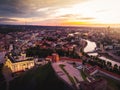 Aerial top down view scenic Lithuania capital city Gediminas castle tower with city scenic panorama. Baltic travel destination in