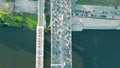 Aerial top down view shot of traffic jam on a car bridge in the evening rush hour Royalty Free Stock Photo