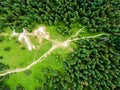 Aerial top down view to forest, trees and tourist paths in Slovakia national park Mala Fatra. Vibrant colors, fresh nature and