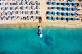 Aerial top down view to the popular beach of Ornos, Mykonos, Greece Royalty Free Stock Photo