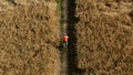 Aerial overhead view tracking shot of an athletic man cycling fast along the field path