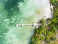 Aerial top down view tropical beach pier caribbean sea at Pasir Panjang. Indonesia Moluccas archipelago, Kei Islands, Banda Sea.