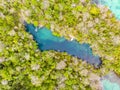 Aerial top down view tropical paradise pristine coast line rainforest blue lake at Bair Island. Indonesia Moluccas archipelago, Royalty Free Stock Photo