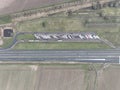 Aerial top down view on truck parking along the road, resting for lorry and road transportation logistics. Highway