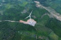 Aerial top down view of wind turbine with blue background in Vietnam