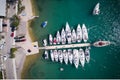 Aerial top down of yachts at anchor in Nidri Lefkada