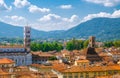 Aerial top panoramic view of Duomo di San Martino San Martin cathedral bell tower in historical centre medieval town Lucca Royalty Free Stock Photo