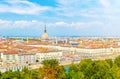 Aerial top panoramic view of Turin city center skyline with Piazza Vittorio Veneto square, Po river and Mole Antonelliana