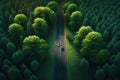 Aerial top view of asphalt road through green forest, healthy rain forest, environment, health, green economy, view of nature