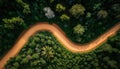 Aerial top view of asphalt road through green forest, healthy rain forest, environment, health, green economy, view of nature