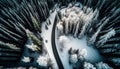 Aerial top view of asphalt road through winter season forest, white snow cover tree and forest, environment, health, green