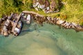 Aerial top view of the Atlantic Ocean and the shore in Donegal Ireland with docked ships