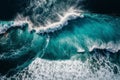 Aerial top view background of big ocean water white wave splashing in the sea to the shore, strength and power of nature, wave Royalty Free Stock Photo