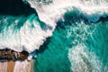 Aerial top view background of ocean water white wave splashing in the sea to the shore, strength and power of nature, generated ai Royalty Free Stock Photo