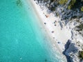 Aerial top view of the beautiful Hovolo beach at the island of Skopelos