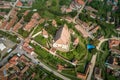 Aerial top view of Biertan fortified church in Biertan village, Transylvania, Romania