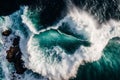 Aerial top view blue background of ocean water white wave splashing in the sea to the shore, strength and power of nature, wave Royalty Free Stock Photo