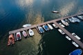 Aerial top view of boats near wooden pier at lake Royalty Free Stock Photo