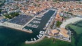 Aerial top view of boats and yachts in marina from above, harbor of Meze town, France Royalty Free Stock Photo