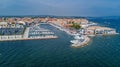 Aerial top view of boats and yachts in marina from above, harbor of Meze town, France Royalty Free Stock Photo