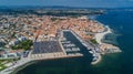 Aerial top view of boats and yachts in marina from above, harbor of Meze town, France Royalty Free Stock Photo