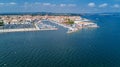 Aerial top view of boats and yachts in marina from above, harbor of Meze town, France Royalty Free Stock Photo