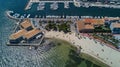Aerial top view of boats and yachts in marina from above, harbor of Meze town, France Royalty Free Stock Photo