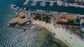 Aerial top view of boats and yachts in marina from above, harbor of Meze town, South France Royalty Free Stock Photo