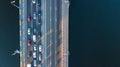 Aerial top view of bridge road automobile traffic jam of many cars from above, city transportation Royalty Free Stock Photo